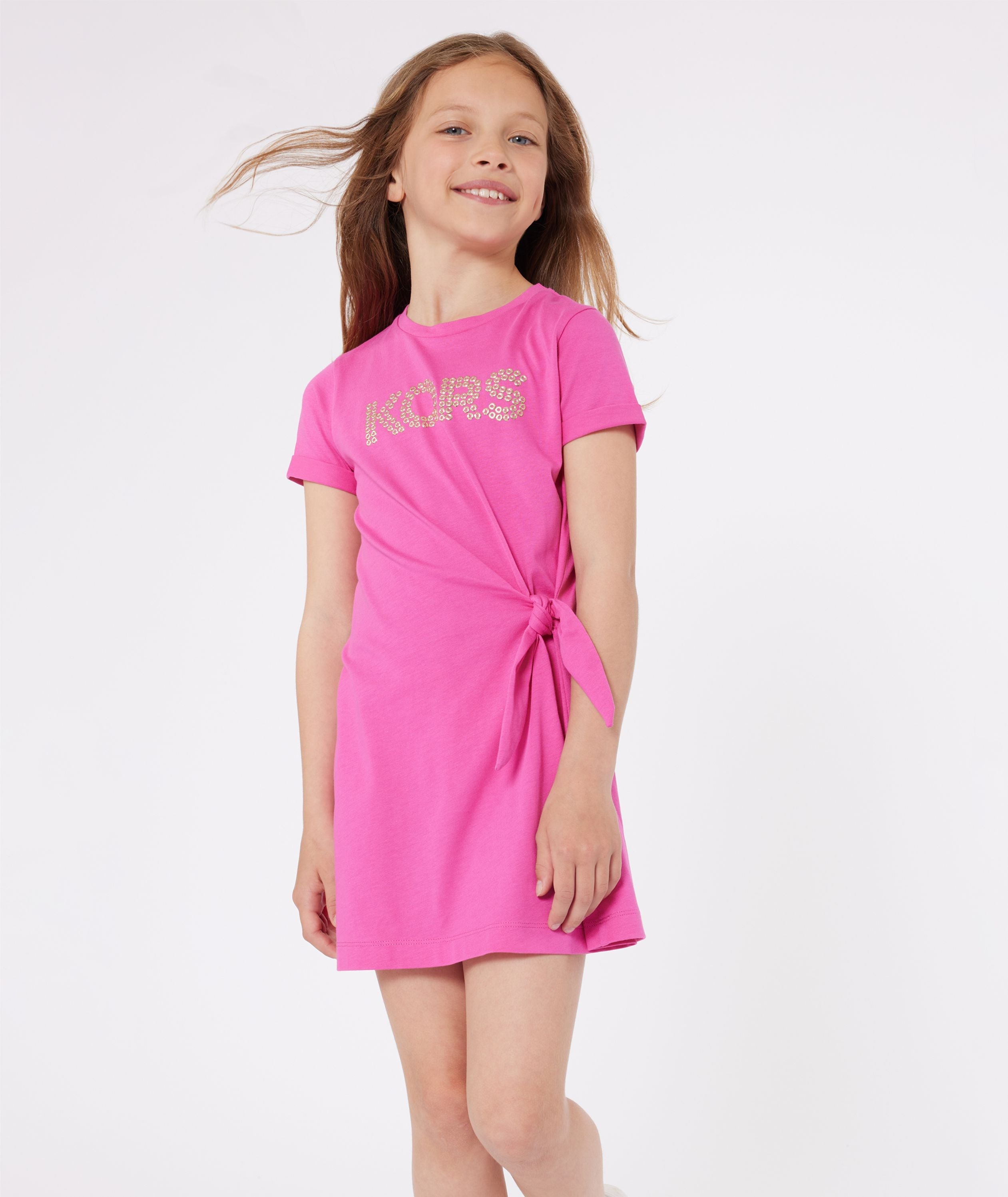 Vestido Fucsia Algodón Orgánico Logotipo KORS Apliques Dorados