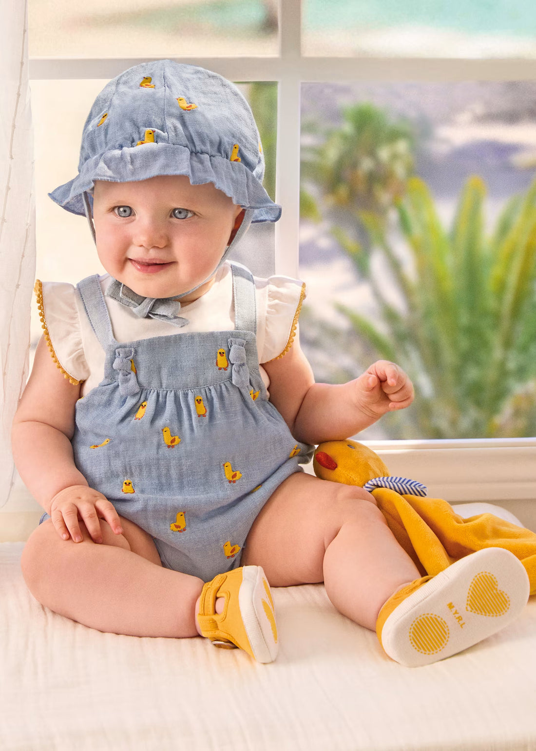 Set Enterizo Camiseta Gorro Denim Patos Bebé Niña