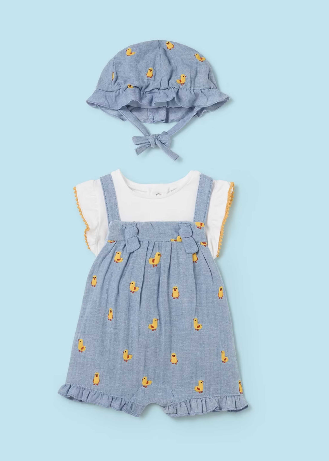 Set Enterizo Camiseta Gorro Denim Patos Bebé Niña