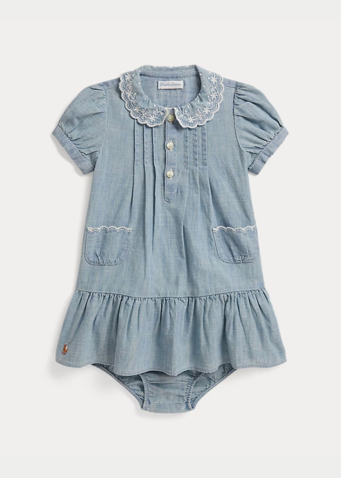 Vestido Volantes Cuello Bordado Azul Claro