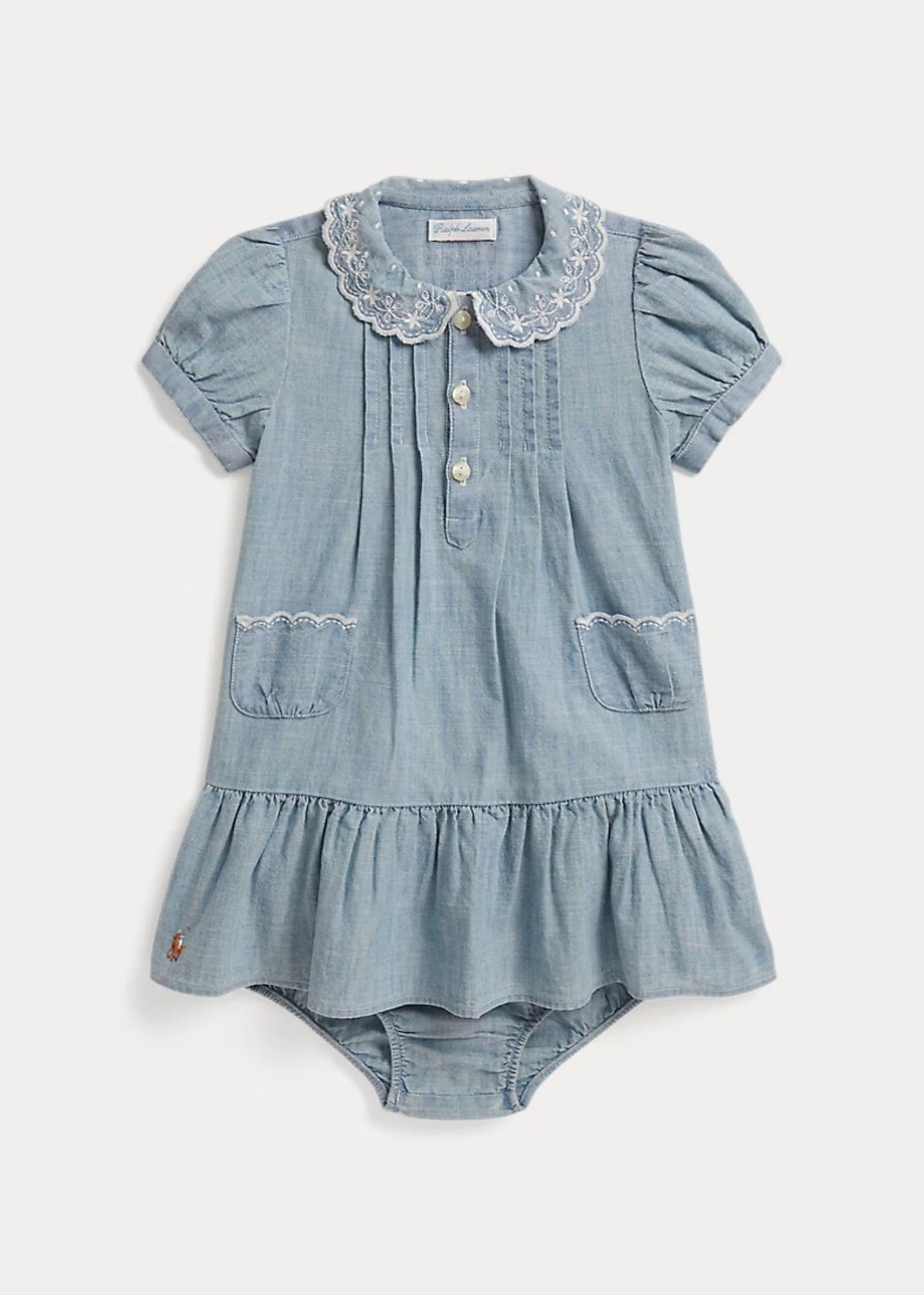Vestido Volantes Cuello Bordado Azul Claro