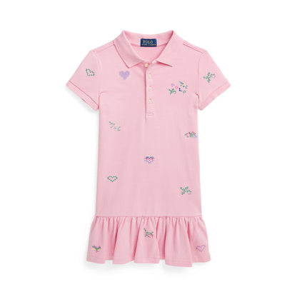 Vestido Piqué Bordado Rosa Manga Corta Niña