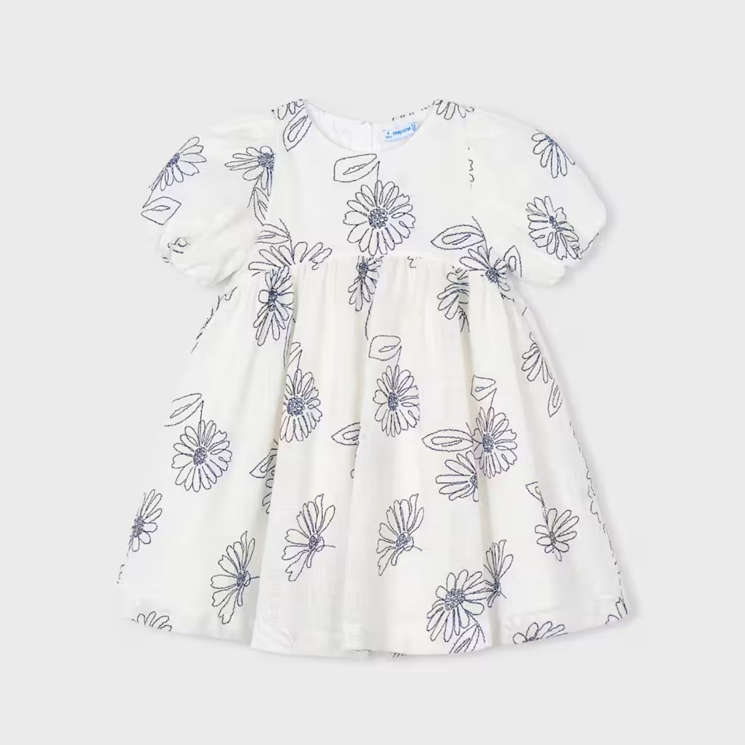 Vestido Bordado Floral Manga Abullonada Natural