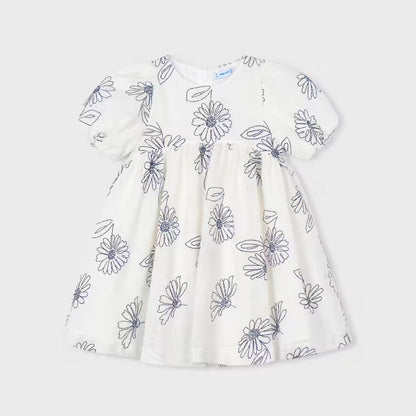 Vestido Bordado Floral Manga Abullonada Natural