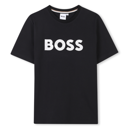Camiseta Piqué Algodón Negra Logotipo Icónico Bordado Niño