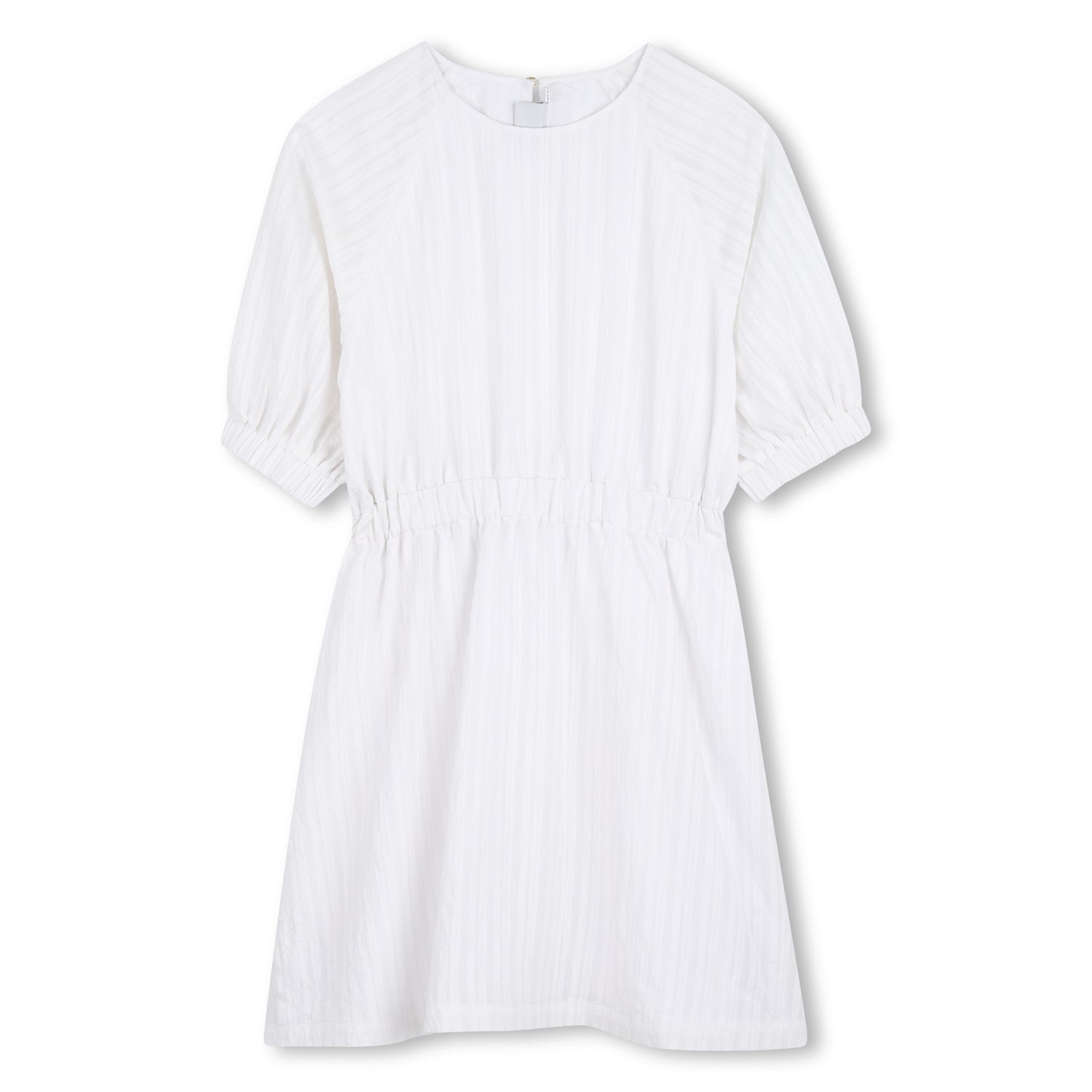 Vestido Seersucker Mangas Abullonadas Blancas