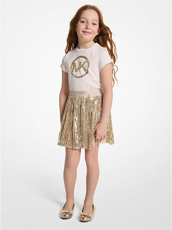 Vestido Blanco Dorado Plisado Logo MK Charm