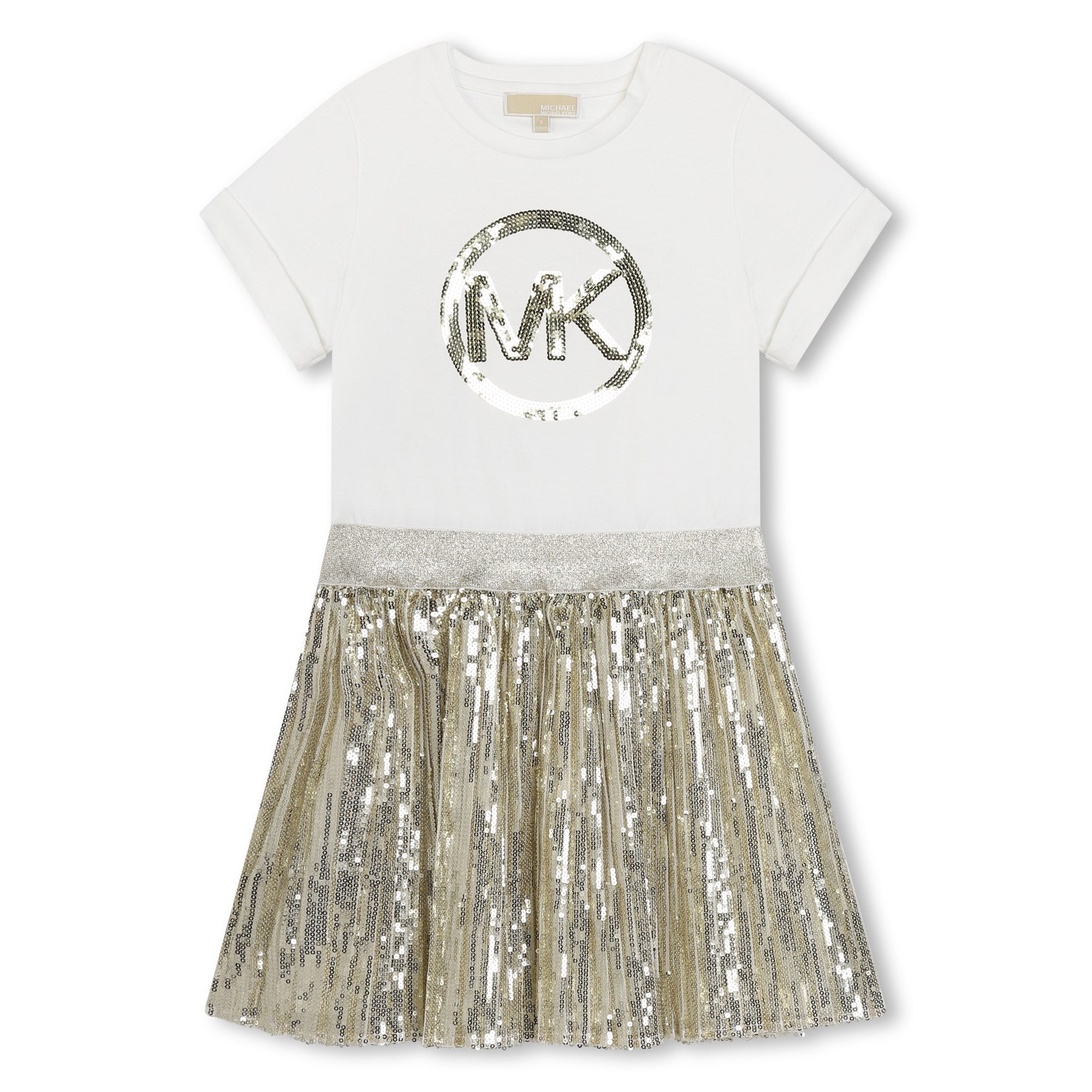 Vestido Blanco Dorado Plisado Logo MK Charm