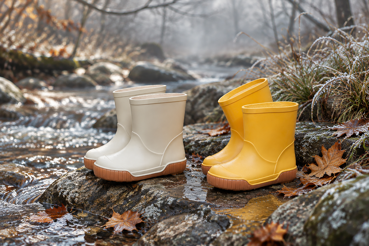 Banner otoñal e invernal con botas crema y amarillas